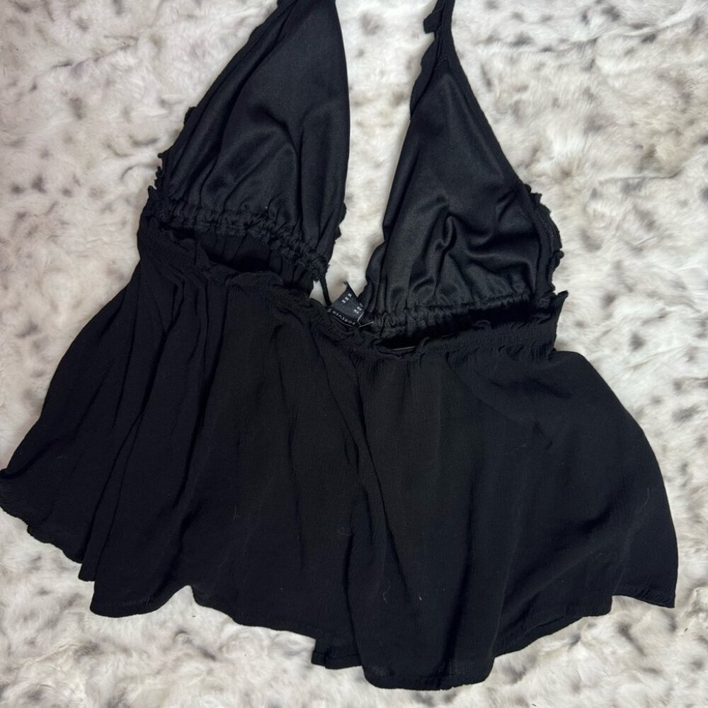 Forever 21 tank top open tie up ribbon π front halter black cute flowy boho - Picture 4 of 5